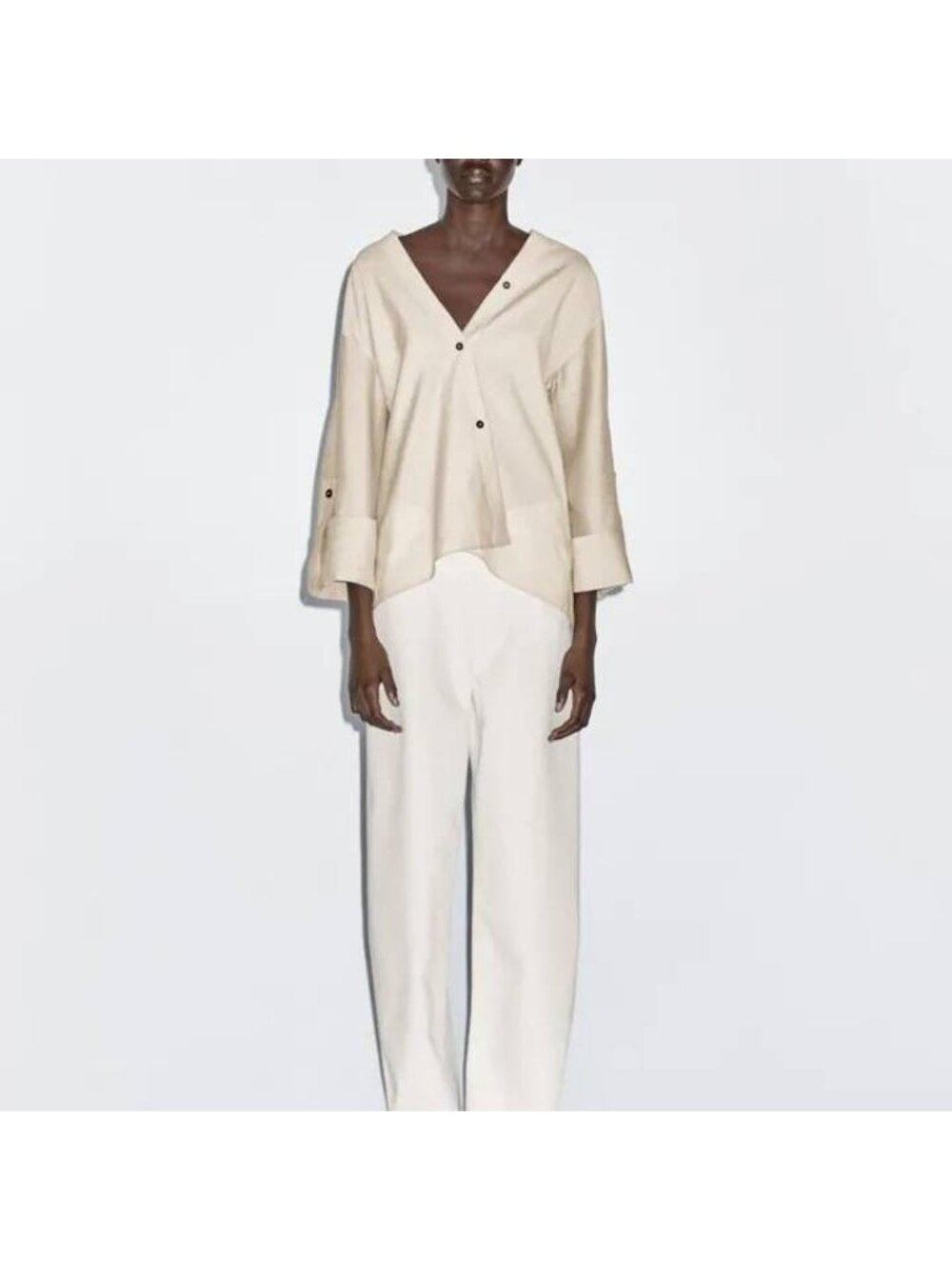 Massimo Dutti V-Neck Blouse Button Up Shirt Beige tan Size XS 5138/738 NWT